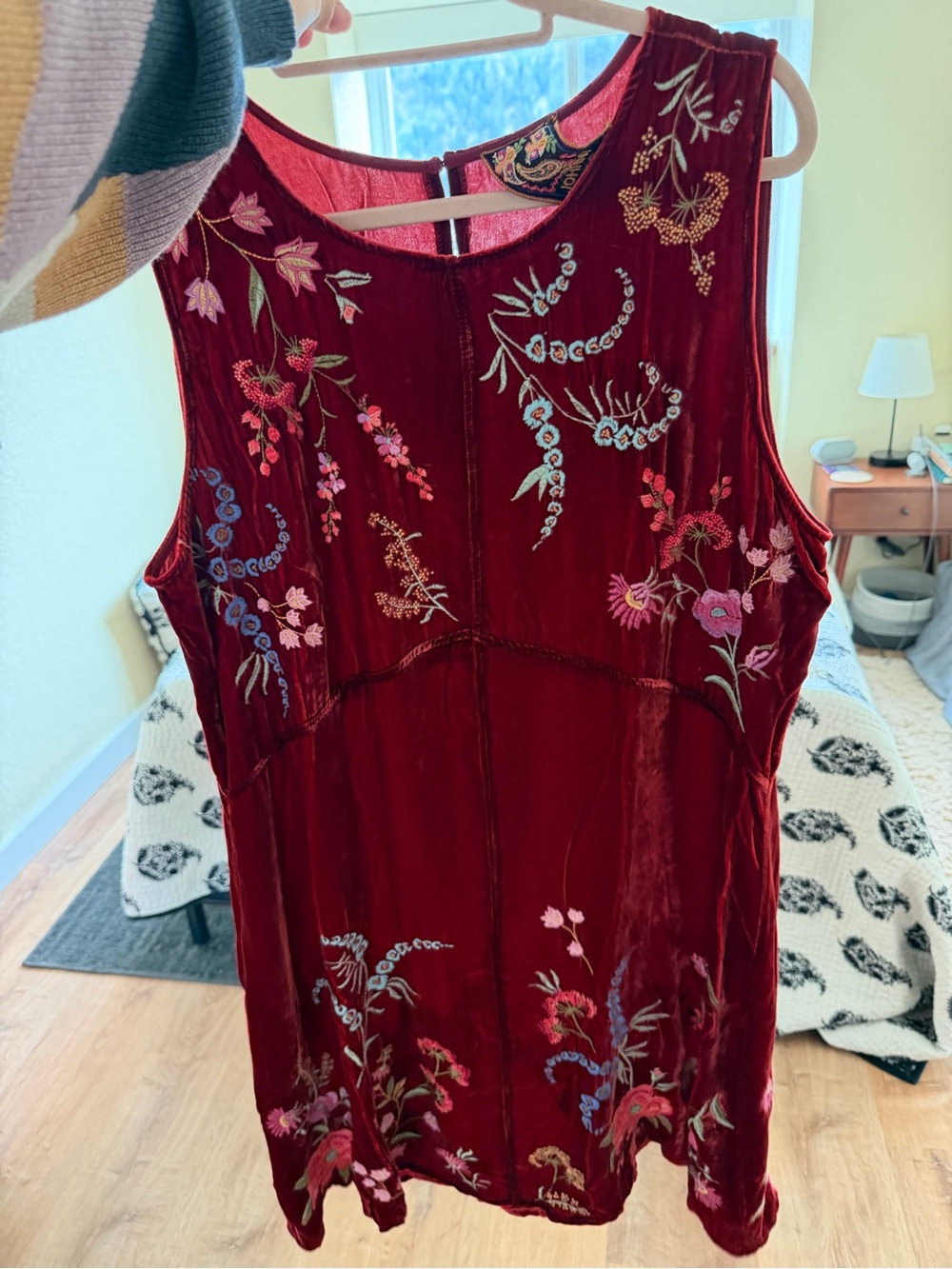 NWT Johnny Was Embroidered Velvet Dress in Deep Wine Red